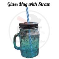 New Picks Korean Colorful Mason Glass Jar With Reusable Straw Bottle Glass Emboss Cold Drink (500ML）