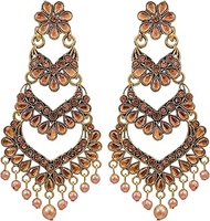 Bollywood Jewellery Traditional Ethnic Bridal Bride Wedding Bridesmaid Ethnic Gold-Plated Jadau Peach Kundan Long Pearl Earrings Jhumka earrings, Cotton Pearl