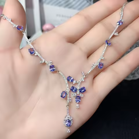 925 Silver Personality Natural Tanzanite Necklace Chain Row Jewelry Pure Beauty women's luxury jewel