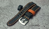 สายนาฬิกาหนังแท้ ฟอกฝาดอิตาลี หนังสีดำ (ซับส้ม) ด้ายสีส้ม Watch Straps ขนาด 20, 22, 24, 26, 28, 30 mm. **แถม!! สปริงบาร์ 1 คู่ (Made in Thailand)