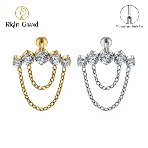 Right Grand ASTM F136 Titanium Threadless Push Pin Royal CZ Cluster and Chains Labret 18G/16G Cartil