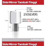 (1PCS）2.5CM Side Mirror Screw Skru Tambah Tinggi Adapter Warna Silver 6mm to 8mm / 6mm to 10mm