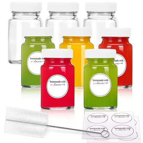 2oz Glass Shot Bottles, Reusable Small Clear Jar for Juice, Ginger, Wellness Shot, Sample, Travel Po