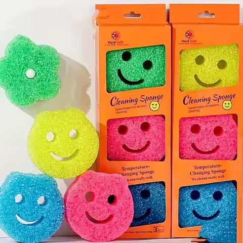 3pcs Smiley Face Cleaning Sponge, Colorful Temperature-Changing Kitchen Sponges, Multi-Purpose Dishw