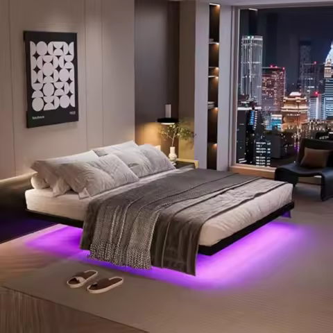 Floating Bed Frame with LED Lights and Charging Station 14 Inch King Size Floating Bed Frame Modern 
