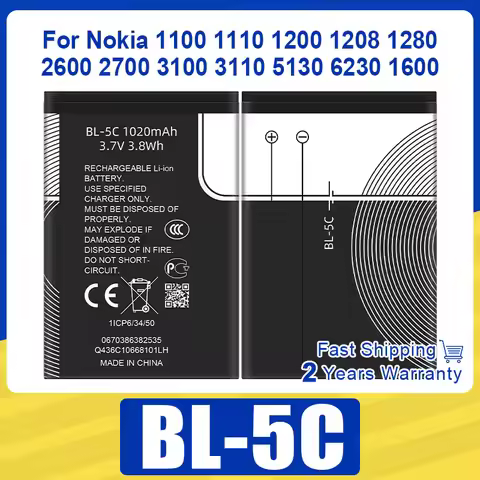 BL-5C BL5C 3.7V 1020mAh Phone Battery For Nokia 1100 1110 1200 1208 1280 2600 2700 3100 3110 5130 62