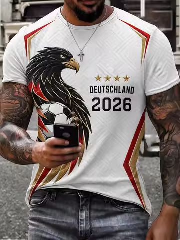 New Germany Team Vintage Football Jersey, Men's Crew Neck Sportswear with Retro Geometric Print Casu