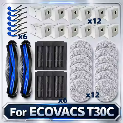 Compatible for ECOVACS T30C / T30C OMNI / T30C PRO OMNI Main Side Brush Filter Mop Pad Dust Bag Spar