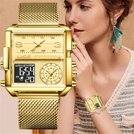 Lige นาฬิกาควอตซ์ดิจิทัลแฟชั่นสีทองสำหรับผู้หญิง, นาฬิกาควอตซ์ดิจิทัลกีฬาลำลองของผู้หญิงนาฬิกาแบรนด์หรูชั้นนำกันน้ำได้นาฬิกาแสดงผลคู่สำหรับผู้หญิง