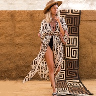 2023 Bohemian Printed Bikini Cover-ups Elegant Self Belted Kimono Dress Tunic Women Plus Size Beach