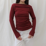 CELESTE TOP | Korean Women's Knit Top, Basic Long Sleeve Boat Neck Drape Ribbed Women's Knit Shirt o
