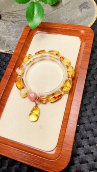 原創手工客製天然花珀隨形手鏈  配天然蜜蠟盤珠