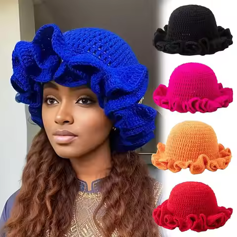 Fashion Crochet Knit Ruffle Hat Floppy Warm Women Bucket Hat Fisherman Cap