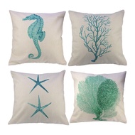 【Shanglife】4pcs Linen Pillowcase Cushion Cover Car Seat Back Pillowcase Hand-painted Marine Marine Life Starfish Seahorse Seagrass Decoration Room Decoration