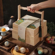 HY💕 Mid-Autumn Moon Cake Packaging Box Cabas Wooden Gift Box Chinese Multi-Layer Solid Wood Storage Box Egg Yolk Crisp P