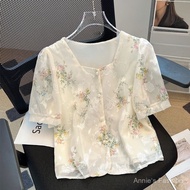 Asean Attire For Women Square Collar Floral Sweet Bubble Embroidery Filipiniana Blouse Shirt