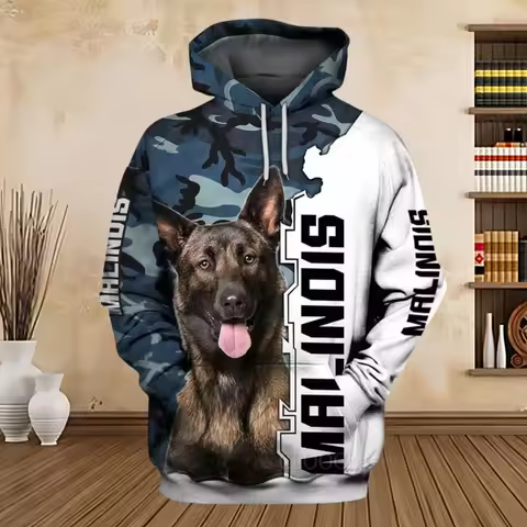2024 New Hoodies 3D Graphic Silver Ribbon Hoodies Animals Dog Belgian Malinois Sweatshirts Casual Ha
