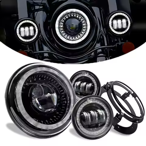 7 Inch Led Headlight + 4.5 Inch Fog Lights Halo Ring Angel Eyes Turn Signal Auxiliary Motorcycle Hea