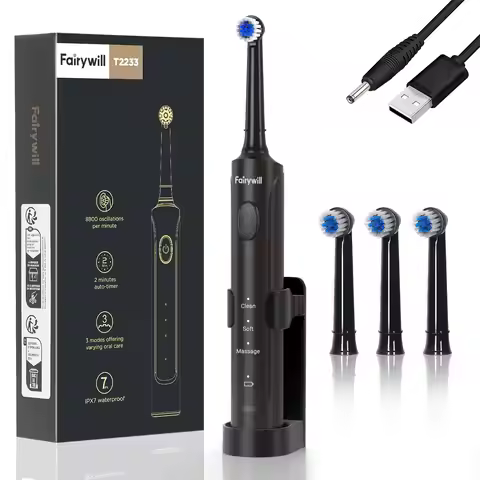 Fairywill Electric Toothbrush T2233Powerful Rotation Cleaning 4 Replacement Heads Rechargeable Sonic