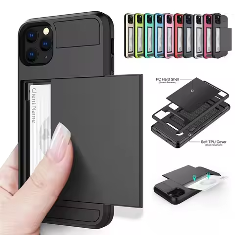 Slide Wallet Credit Card Slot PC Phone Case For iPhone 13 12 Mini 11 14 15 16 Pro Max Plus 17 air TP