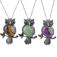 Owl Necklace Healing Crystal Stones Pendant Necklaces for Women Men Natural Amethyst Rose Quartz Gemstone Jewelry