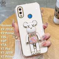 YuPin Huawei Y9 2019 / Y9S / Y9 Prime / Y7A / Y6P / Y7 Pro / Y7 2019/Y7ตัวการ์ตูนหมีน่ารักที่สำคัญเคสโทรศัพท์แฟชั่นชุบโครเมียมฝาครอบโทรศัพท์ TPU สี่เหลี่ยมนุ่ม + ขายึด