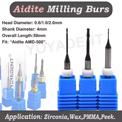 Aidite AMD 500 Diamond Coated Zirconia Milling Bur 0.6/1.0/2.0mm For Cutting Zirconia PMMA Disc Dent