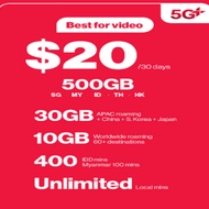 Singtel Prepaid $20 Plan 5G+ Ultimate (30 Days) | 500GB 5G | 40GB Roaming  / Top Up / Recharge / Ren
