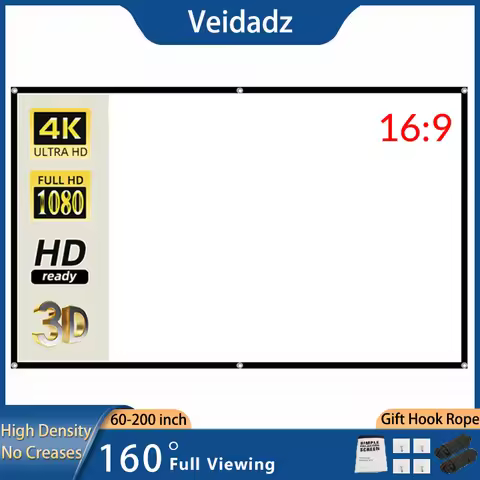 Veidadz Projector Screen Soft High Density White Anti-Crease 60-200inch 16:9 Portable Foldable Doubl