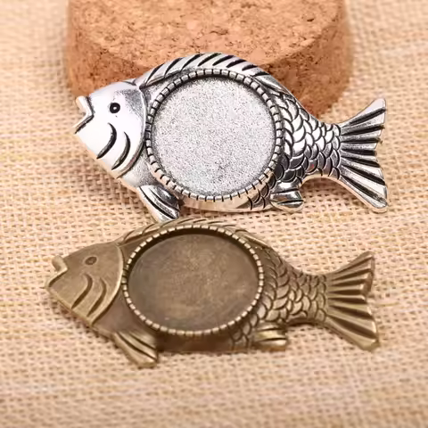 onwear 10pcs fish shape brooch base 20mm cameo cabochon settings diy broche bezel blanks antique sil