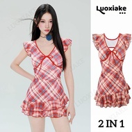 LUOXIAKE Women‘s Retro Red Gingham 2 Piece Tankini Set with Swim Skirt & Built-in Boy Shorts, School