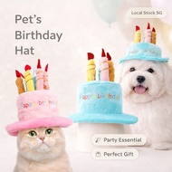 (SG STOCK NDD) Pet Birthday Hat Dog Cat Costume Cake Cap with Candles Adjustable Strap