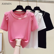 AMMIN Áo Thun Cotton Màu Hồng Tay Ngắn Cho Nữ Mùa Hè Phong Cách Hàn Quốc Áo Cánh Thường Ngày Rộng Rã