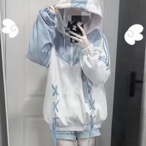 Zip Up Hoodies Spring Autumn Kawaii Zip-up Thin Coat Y2k Hooded Shirt Blue Women's Sweatshirts Zip U