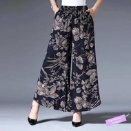 ✦Ready Stock✦ celana kulot wanita perempuan Ice silk wide-leg hakama skirt female mother summer new middle-aged and elderly loose slim plus size fashion versatile printed pants