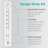 KMC 6-Outlet Surge Protector Power Strip, 1 USB-A & 1 USB-C Port, 840J Power Surge Protectors, 6ft E
