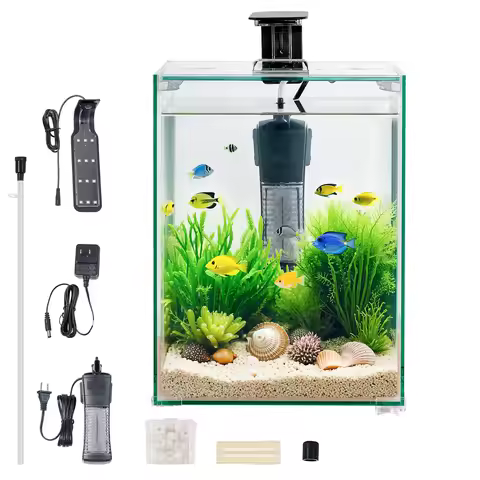 SucceBuy Fish Tank Aquarium 5Gal Square Ultra-Clear Glass Starter Tank Adjustable 3 Color Lighting S
