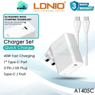 LDNIO A1405C 40W Charger Set 40W Fast Charging Charger Adapter Set UK Plug LDNIO Charger Adaptor Set
