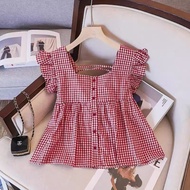 Girls Sweet Little Flying Sleeve Plaid Shirt Summer New Style Girls Retro Ruffled Vest Top Baby Shir