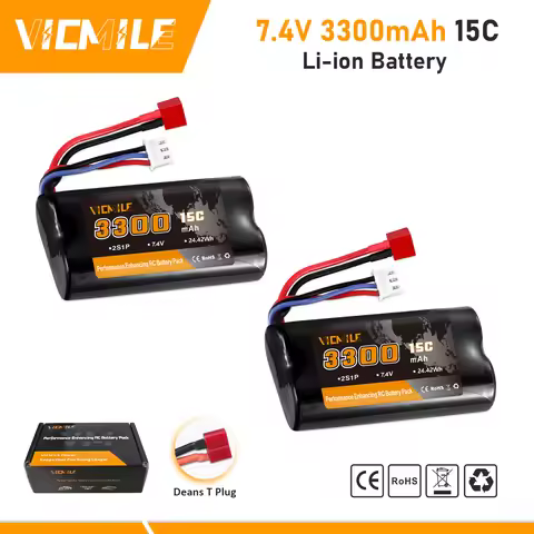 VICMILE 1-2pcs 7.4V 3300mAh Li-ion Battery with Dean-Style T Plug 2S Fit for WLtoys 4WD High Speed R