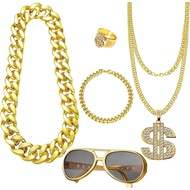 Plusupon Hip Hop Costume Set, 80s 90s Fancy Dress Rapper Hip Hop Jewelry Accessories, Fake Gold Chai