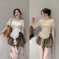 Women's big-size off-the-shoulder T-shirt in soft, stretchy fringed mesh fabric with retro vintage p