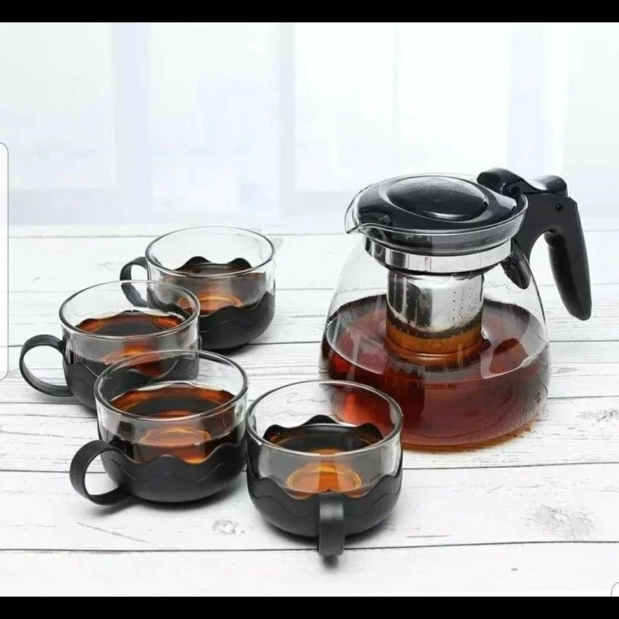 Tea Pot Teapot Set 5 In 1 Teko Jug Pitcher + Cangkir Gagang Set Kaca Beling Bening Teko Saji Cangkir