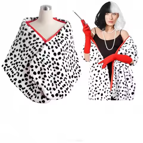 Women's Cruella Deville Short Dalmatian Print Shawl Red Gloves Pearl Necklace Halloween Costume 1920