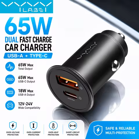 Vyvylabs 65W Car Charger Zinc Alloy Mini USB-A Type-C Fast Charging Adapter DC12V-24V Car Max 65W fo