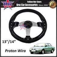 Wira 14  Inch Momo Black Car Steering + Wheel Hub Adapter Boss Kit