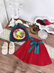 Sét đồ gồm áo yếm + chân váy họa tiết trung thu cho bé gái đồ trung thu cho bé gái trung thu 2025