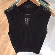 UNIQLO เสื้อเครื่องปรับอากาศคอกลมเสื้อกั๊กเสื้อสเวตเตอร์ไม่มีแขนตาข่ายฉลุลายสำหรับฤดูร้อนตัวยู2024ขอ