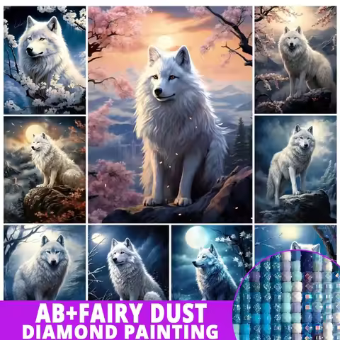 AB Fairy Dust 5D Wolf Diamond Painting Art New Collection Moon Mountain Mosaic Art Rhinestone Embroi