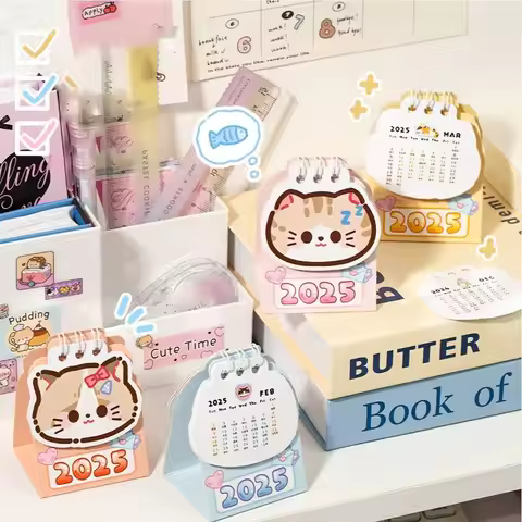 Cute 2025 Mini Desk Calendar Cartoon Cat Daily Organization Desktop Calendar To Do List Coil Planner